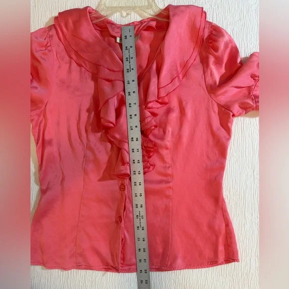 Silk Blouse Short Sleeve coral pink size 8 ruffles v-neck - Picture 8 of 9